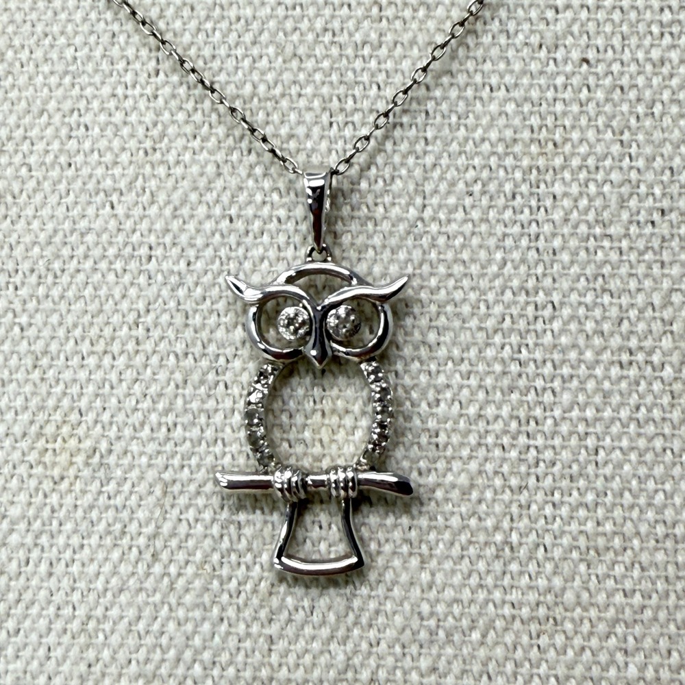 Sterling Silver Owl Pendant Necklace CZ‎ Accents Dainty Chain